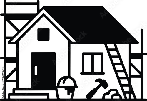 Black and white clipart of a house under construction with scaffolding and tools home building
