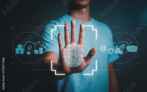 Man using fingerprint scan technology to access digital data for security and verification purposes providing a futuristic technology interface