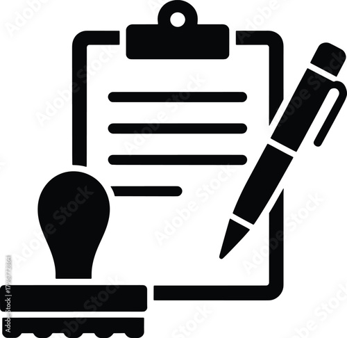 Black and white illustration of a clipboard with lines a pen and a stamp vector