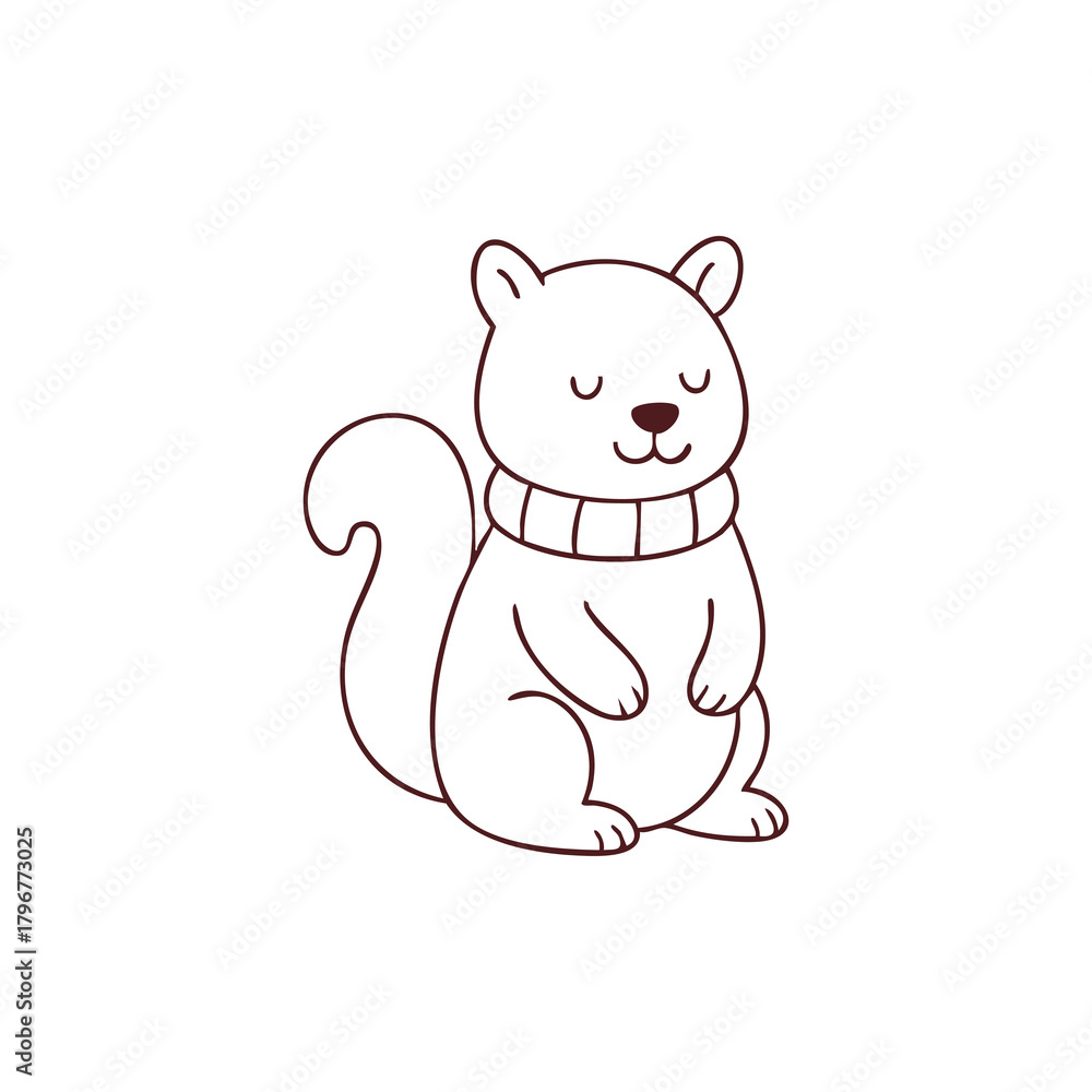 Fototapeta premium Happy Squirrel Wearing Scarf Simple Line Art Illustration