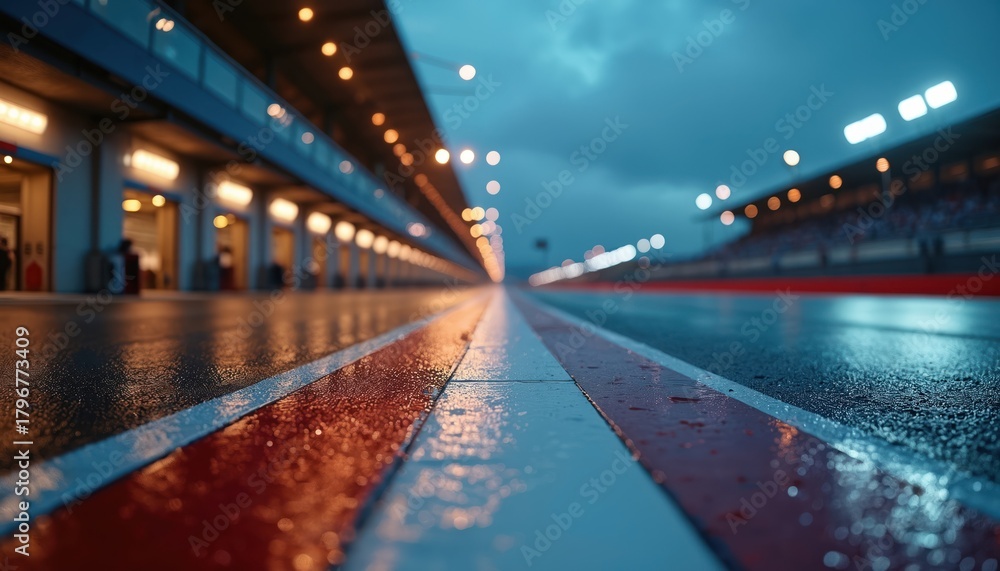 Naklejka premium Wet asphalt racetrack pit lane with vivid red white lines glows under bright night lights. Pit lane garages stand illuminated. Blurred stadium lights shine across track, creating intense atmosphere.