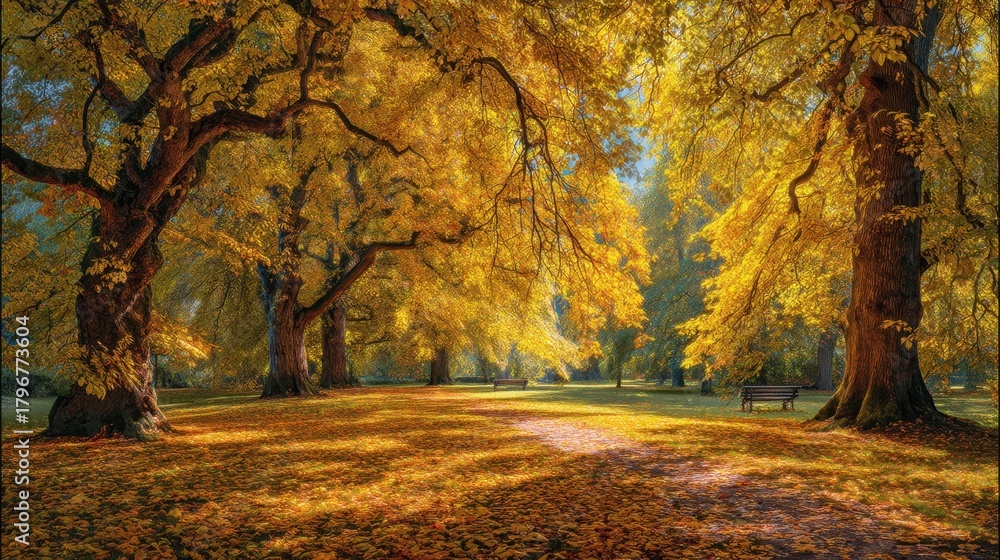 Fototapeta premium A tranquil fall escape where nature’s gold whispers quiet abundance.