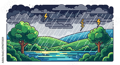 Vector landscape illustration of monsoon season with lush greenery, heavy rain, dark clouds, and reflections on wet ground
