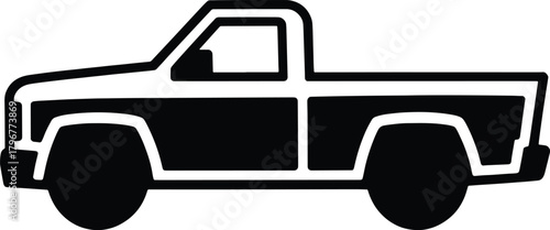 Black and white simple clipart illustration of a pickup truck vehicle transport