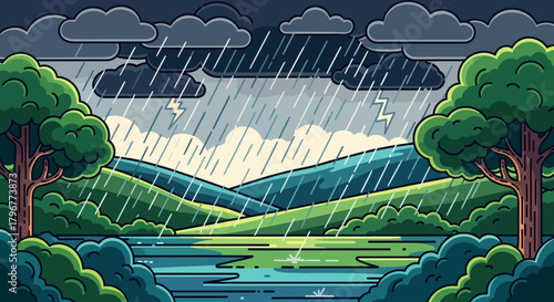 Vector landscape illustration of monsoon season with lush greenery, heavy rain, dark clouds, and reflections on wet ground