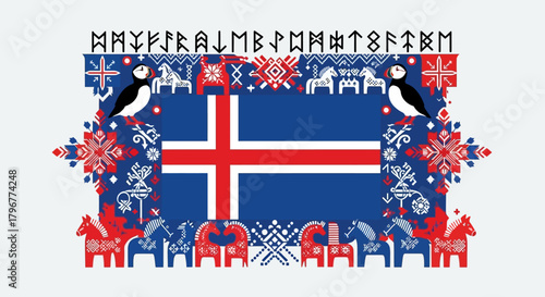 Explore Iceland's vibrant culture with a stunning folk art design featuring puffins, horses, and runes adorning the iconic Icelandic flag, perfect for travel inspiration and cultural projects