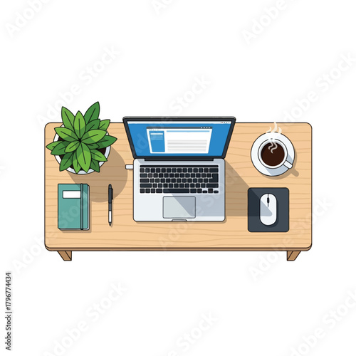 Overhead view of a modern wooden desk with a laptop, coffee, plant, and office supplies.
