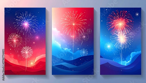 Happy New Year 2026 and Merry Christmas corporate blue social media backgrounds with fireworks - Templates for company marketing stories, square, portrait posts