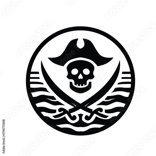 Pirate Skull Emblem with Crossed Cutlasses and Captain Hat