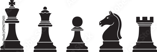 Chessboard vector. Black chess pieces silhouette king queen bishop rook knight pawn vector