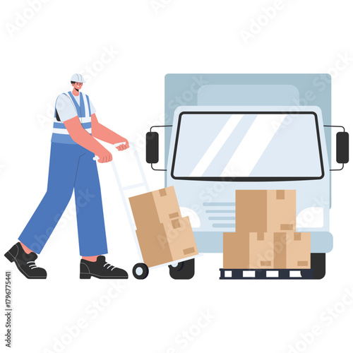Factory Illustration. Vector illustration of Worker uses a hand truck to load cartons onto a delivery vehicle at the dock. Isolated on background