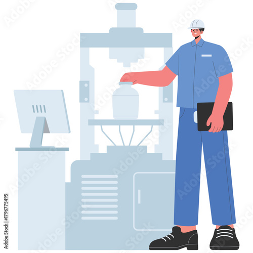 Factory Illustration. Vector illustration of Engineer checks a press machine and product sample while monitoring on a computer. Isolated on background