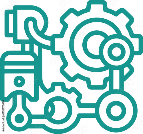 Teal outline of mechanical engine parts and gears on white background piston machinery