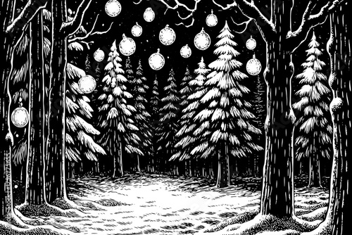 magical icy forest filled with glowing floating orbs that light up frozen trees, creating an ethereal atmosphere like a winter fairy dreamland
