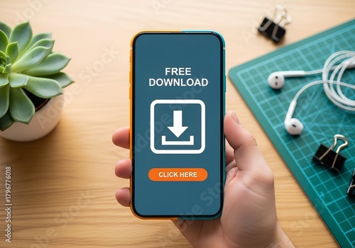 Hand holding smartphone with free download screen, orange click button, and desk accessories in modern workspace