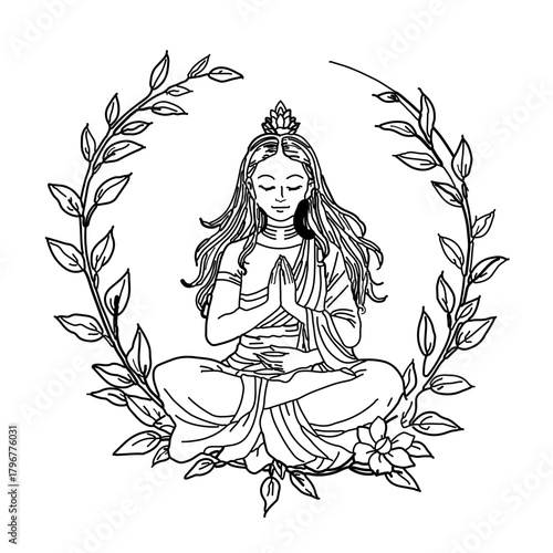 Minimalist woman in lotus position meditating inside a floral wreath in black and white line art style drawing vector
