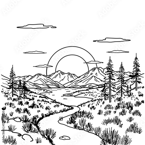 Minimalist illustration of a mountain landscape with a river, trees, and clouds under a sun arc in black and white vector