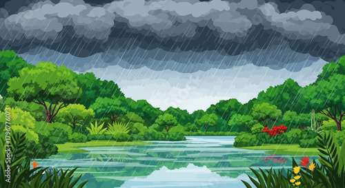 Vector landscape illustration of monsoon season with lush greenery, heavy rain, dark clouds, and reflections on wet ground