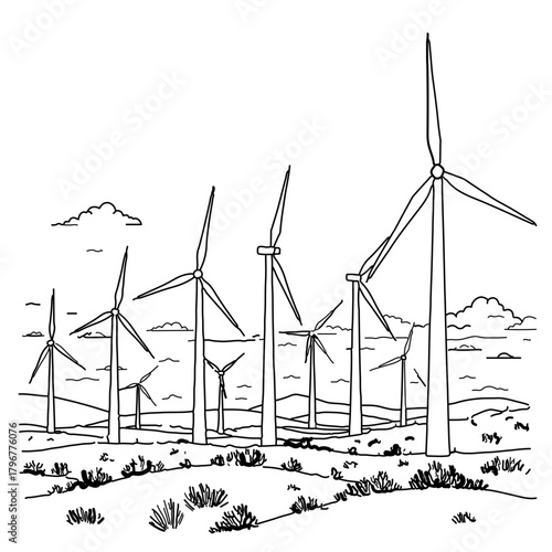 Minimalist illustration of a wind farm with multiple turbines in a field under a cloudy sky in black and white vector
