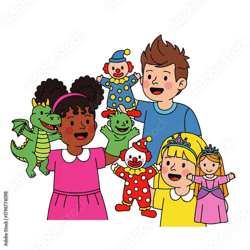 Group of Diverse Children Cheerfully Posing with Puppets, Dolls, Clowns, and Colorful Toys.
