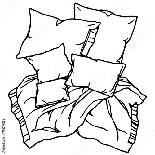 Minimalist a sketch of a bed with a blanket and several pillows of different sizes in a linear style art form vector