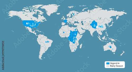 Vector world map with highlighted rainy season regions