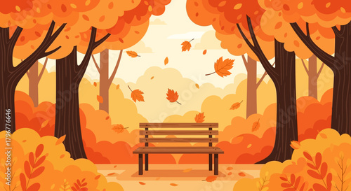 Autumn forest flat vector with orange leaves, falling foliage, wooden bench, and warm color palette