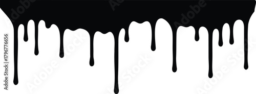 Black liquid drip. Drip border. Dripping liquid. Flow of paint. Flowing paint, stains. Hand drawn vector illustration.