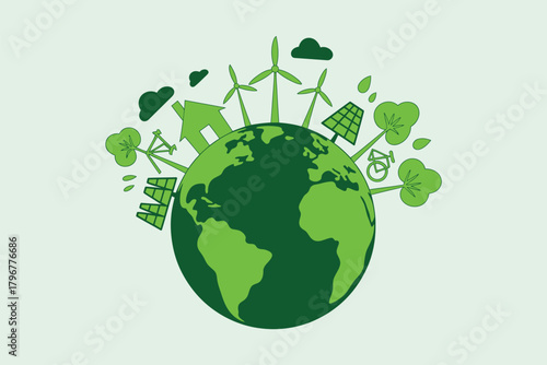 Green earth with renewable energy sources and trees