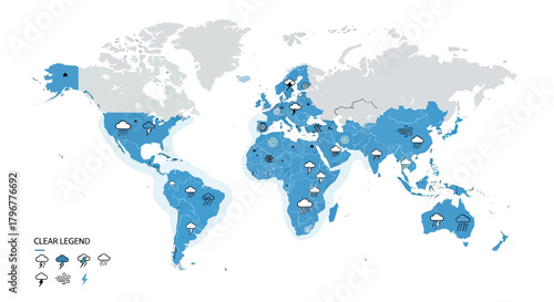 Vector world map with highlighted rainy season regions