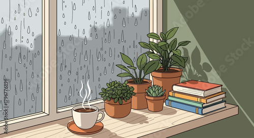 Cozy flat vector illustration of staying at home during rainy day, window with raindrops, warm tea, plants, books aesthetic minimalist style for lifestyle blogs