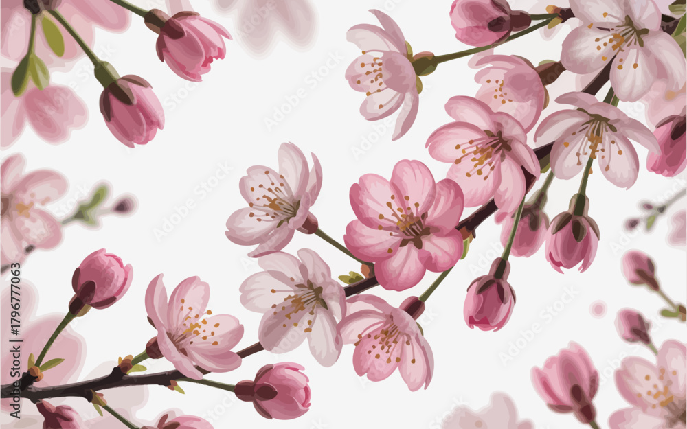Fototapeta premium Delicate pink cherry blossoms blooming on branches against a white background