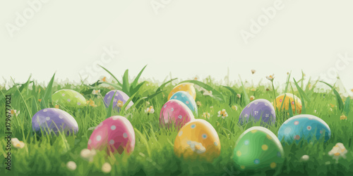 Colorful easter eggs hidden in lush green grass with a white background