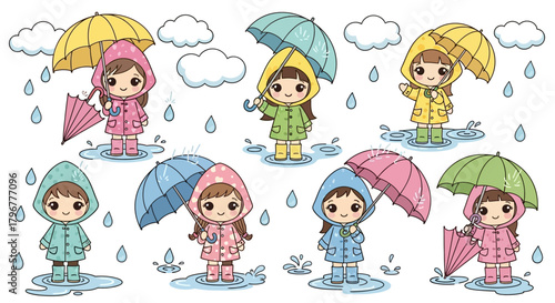 cute kawaii style vector characters wearing raincoats and boots