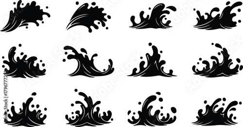 Splash water vector black set icon. Water drops, black sea ocean waves stencil. Liquid elements, cry droplet icons vector set.