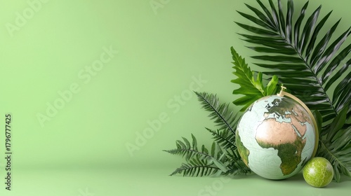 Globe on Green Background Surrounded by Tropical Leaves and Fruits