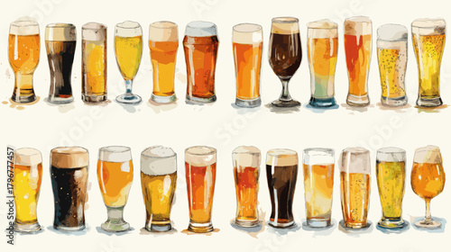 Watercolor beer glasses set featuring lager, ale, stout, IPA, and pilsner. Hand-painted craft beer collection for bar menus, brewery branding, and beverage design.