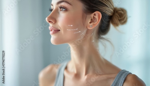 Young woman with marked face for thread lift procedure. White arrows indicate areas for non-surgical facial rejuvenation. Female face with beauty treatment markup. Facial skin tightening and lifting.