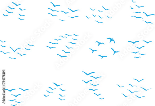 Group of blue birds flying in the sky formation