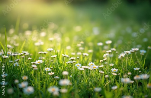 Wallpaper Mural Soft sun rays illuminate a green meadow filled with white daisy flowers. Gentle breeze moves grass and petals. Idyllic nature scene in spring or summer. Torontodigital.ca