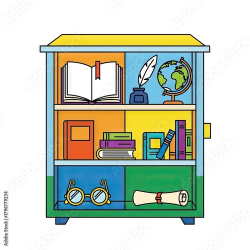 Colorful Bookshelf Illustration with Assorted Items on Shelves in Isolated White Background
