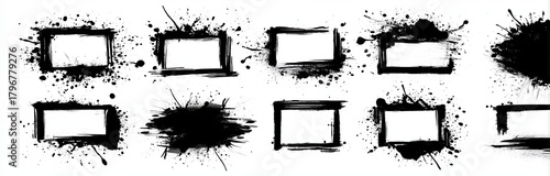 Black grunge ink brush strokes and hand-drawn vector textures with rough edges and square paint splash frames isolated on white