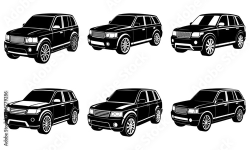 Collection of six black suv car illustrations with varying front grill and headlight designs shown