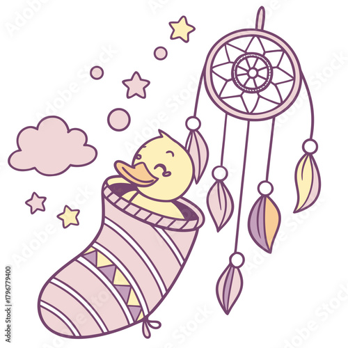 SVG art: A Playful Duck in a Fantasy dream vibe with snuggled in a sock, tinted with Dreamland tones