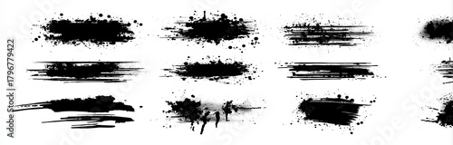 Black grunge ink brush strokes and hand-drawn vector textures with rough edges and square paint splash frames isolated on white