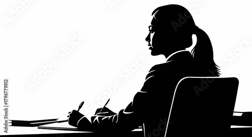 Silhouette of a woman working diligently at her desk.