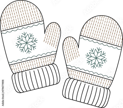Two winter mittens with snowflake designs isolated on a white background art