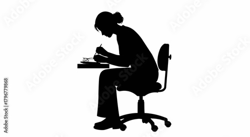 Silhouette of a woman writing at a desk, focused on her work.
