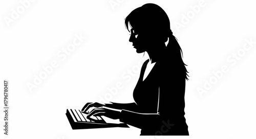 Silhouette of a woman typing on a keyboard in a focused pose.