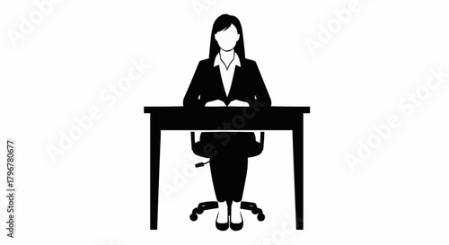 Professional Woman Sitting at Desk Silhouette Illustration.